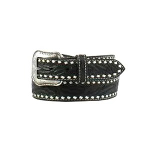 3-D Men's Black Floral Tooled Belt with White Bucklace Stitching