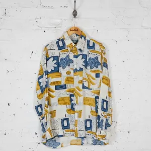 90s Long Sleeve Pattern Shirt - White/Yellow - L