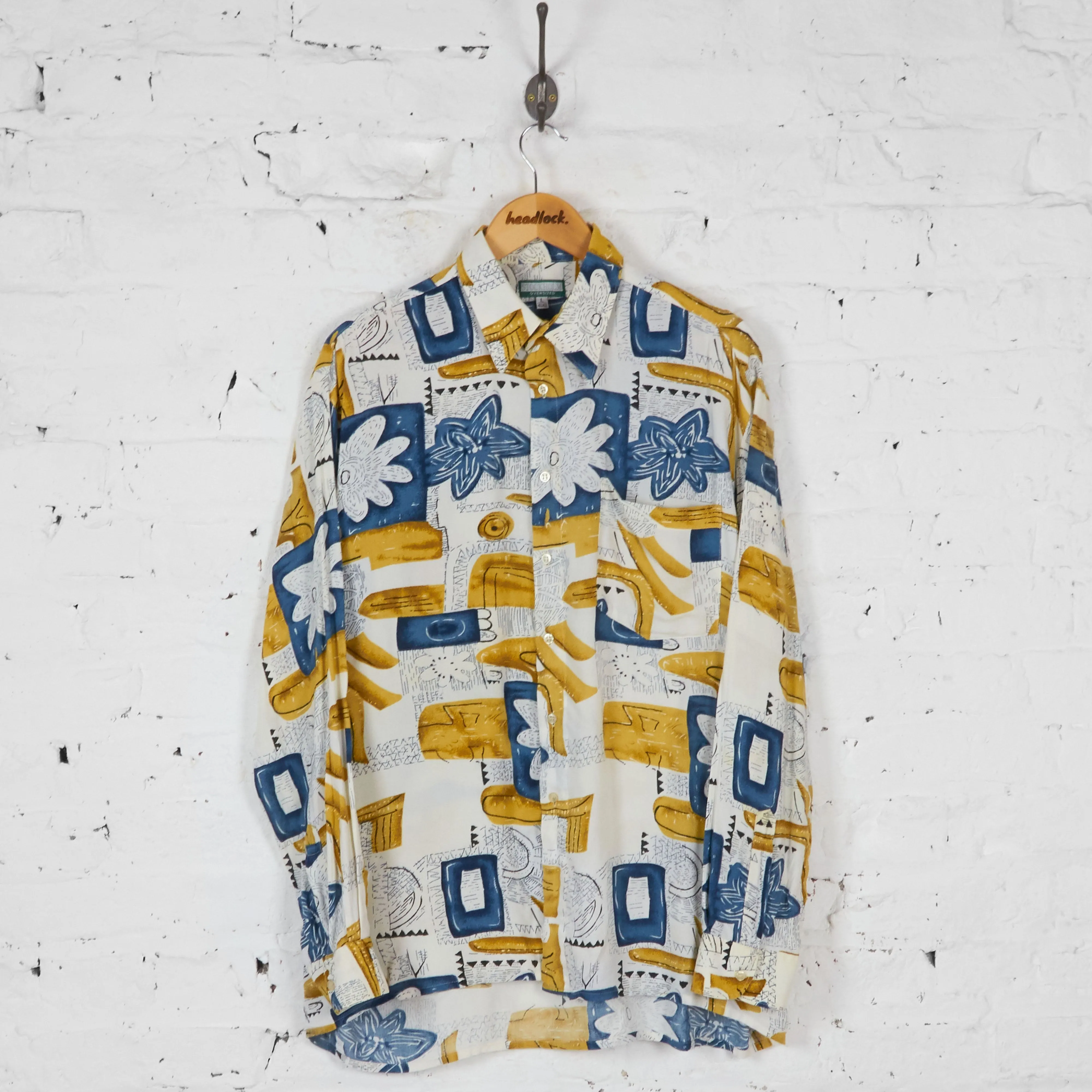 90s Long Sleeve Pattern Shirt - White/Yellow - L