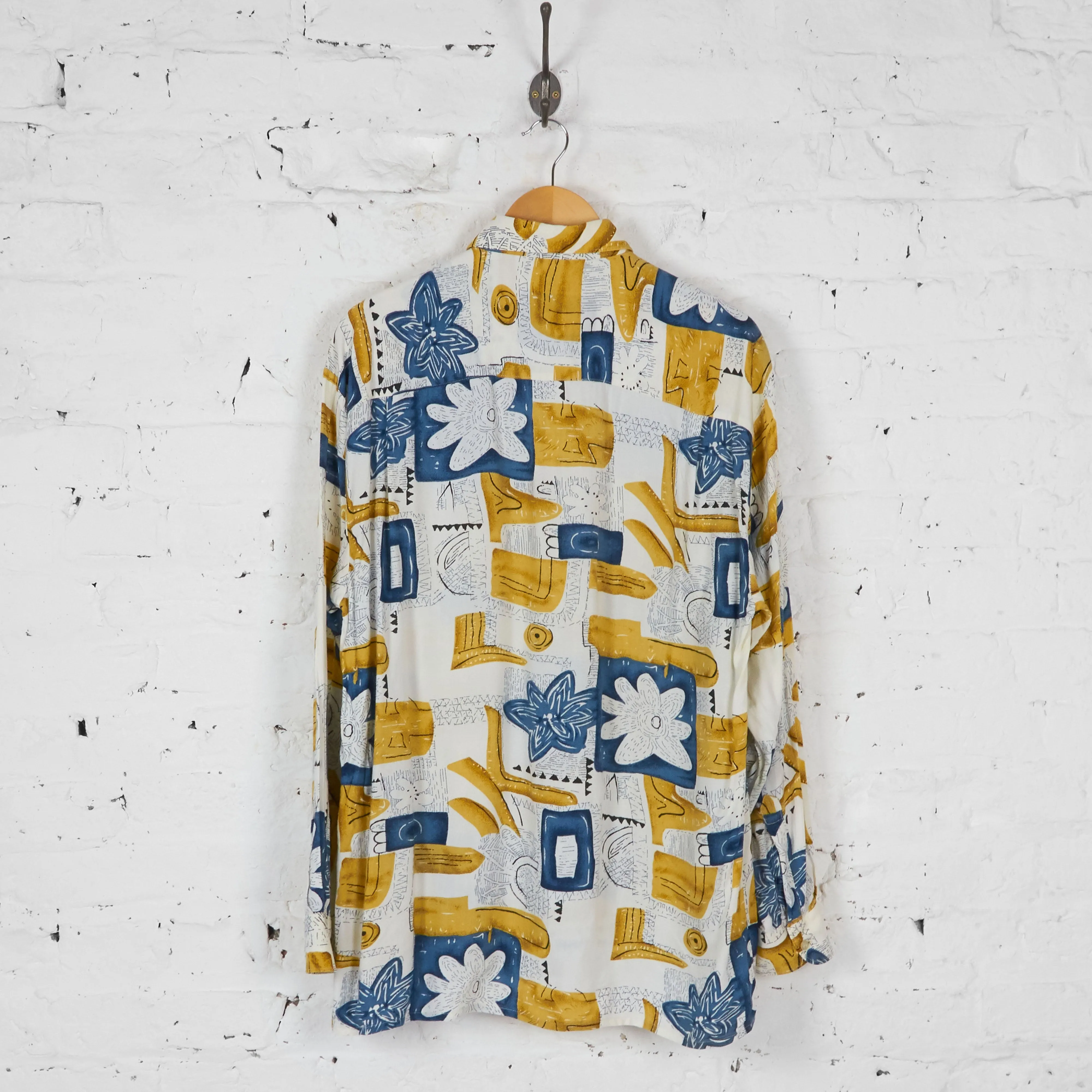 90s Long Sleeve Pattern Shirt - White/Yellow - L