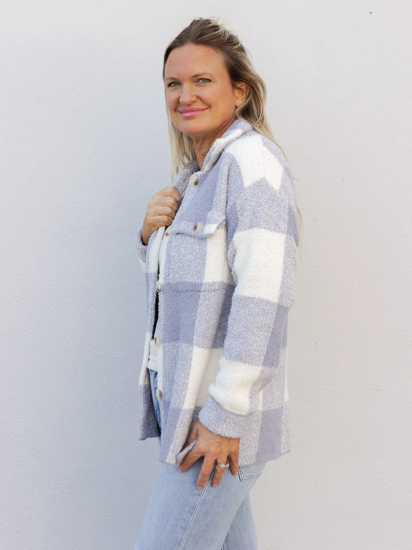 Be There For You Check Pattern Shacket Sweater - Dusty Blue