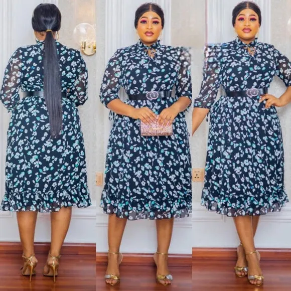 BLACK MIDI DRESS WITH GREEN/BLUE FLORAL PRINT