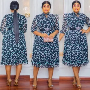 BLACK MIDI DRESS WITH GREEN/BLUE FLORAL PRINT