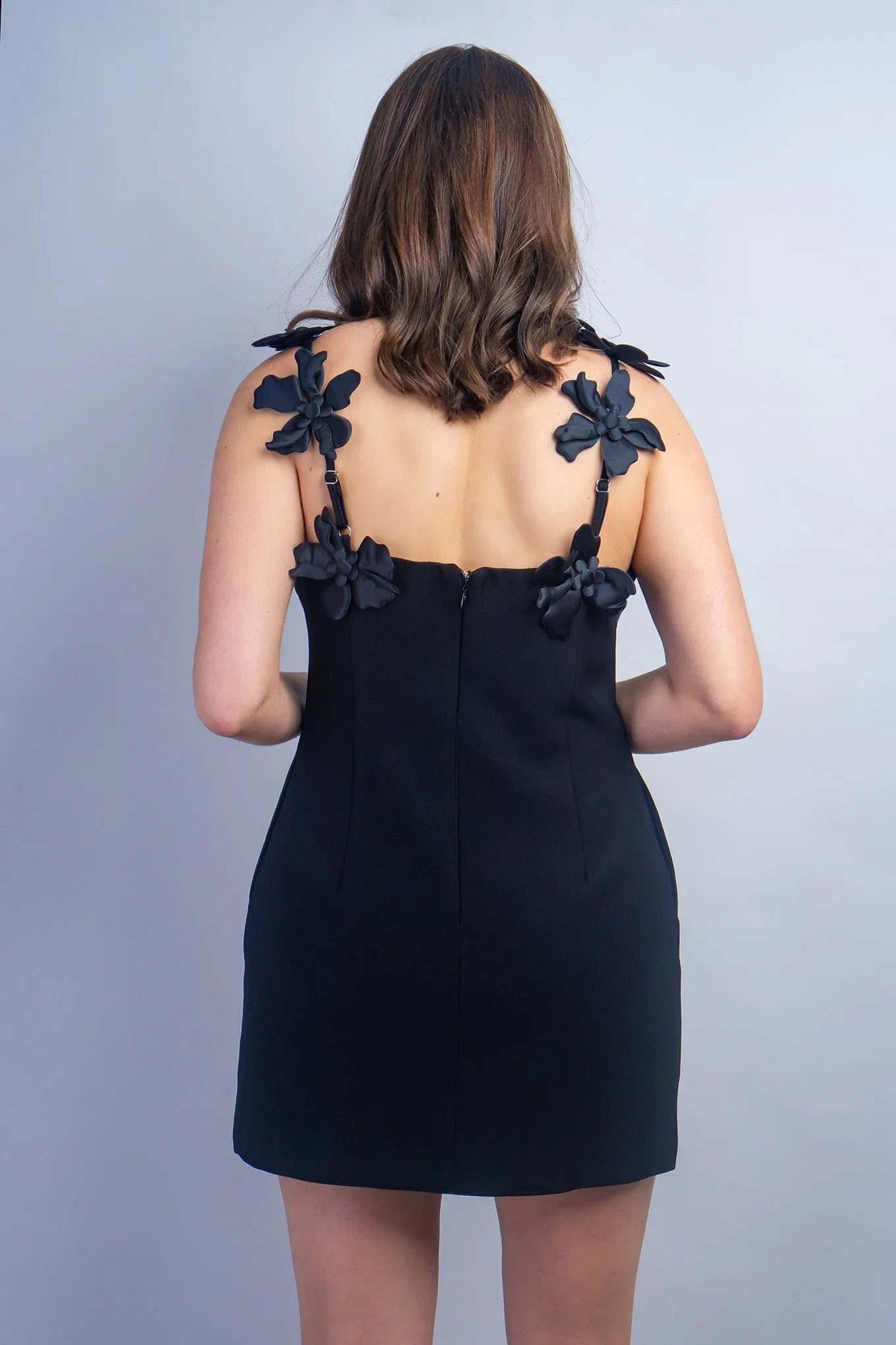Black Puff Floral Straps Dress