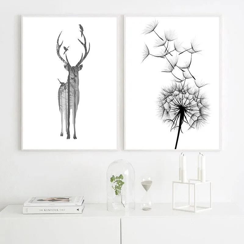 Black White Deer Dandelion Wall Art