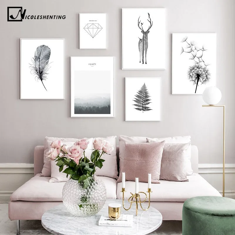 Black White Deer Dandelion Wall Art