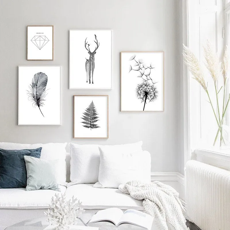 Black White Deer Dandelion Wall Art