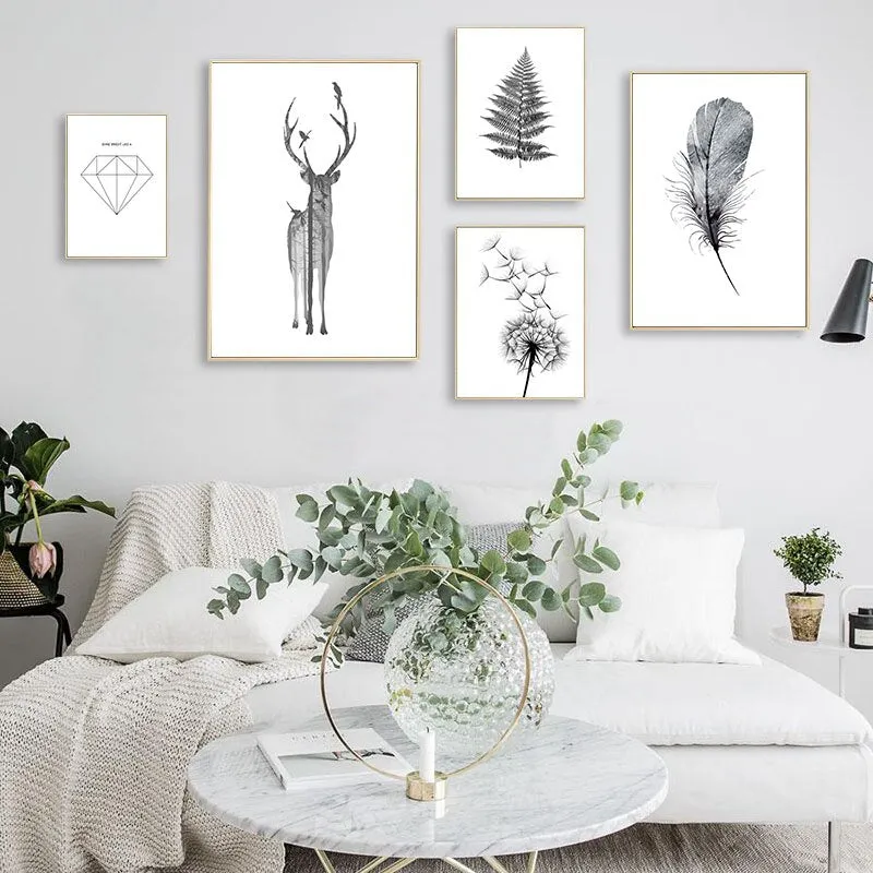 Black White Deer Dandelion Wall Art