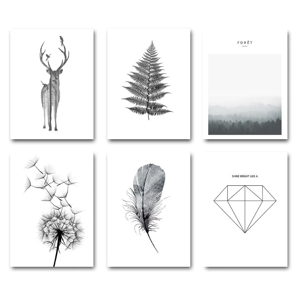 Black White Deer Dandelion Wall Art