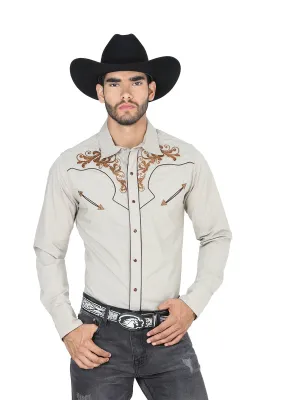 Camisa Vaquera Bordada Manga Larga Caqui para Hombre 'El Señor de los Cielos' - ID: 123924