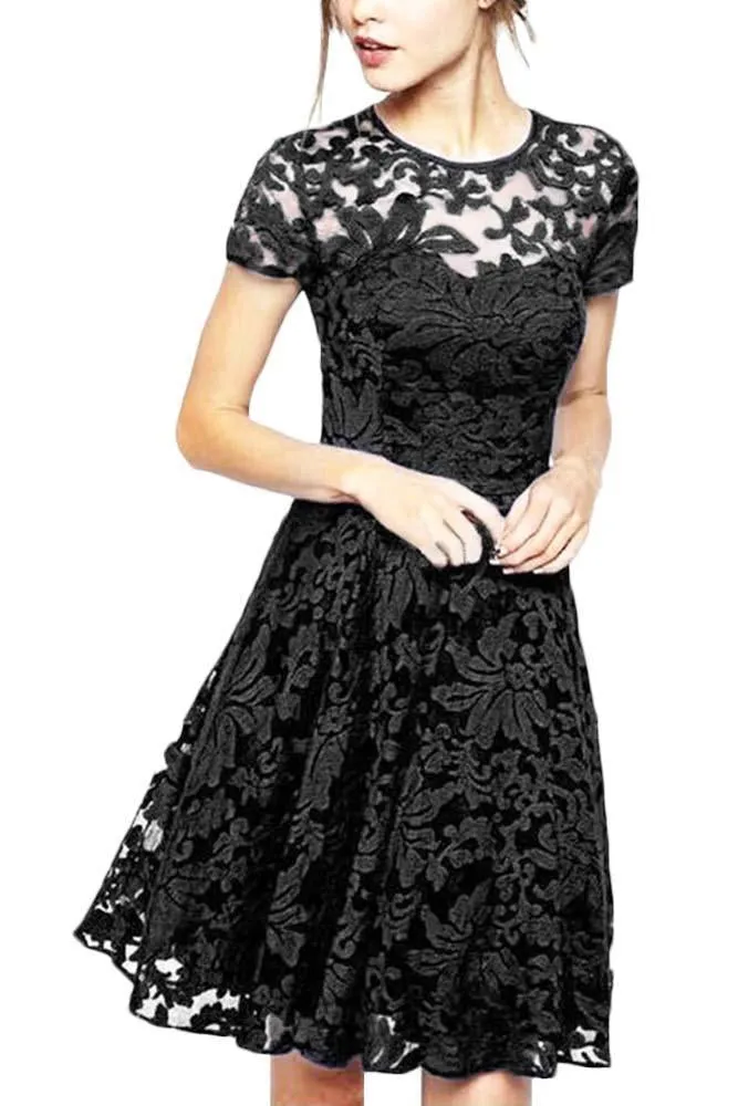 Celino Women Floral Lace Round Neck Short Sleeve Mini Skater Black Dresses