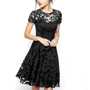 Celino Women Floral Lace Round Neck Short Sleeve Mini Skater Black Dresses
