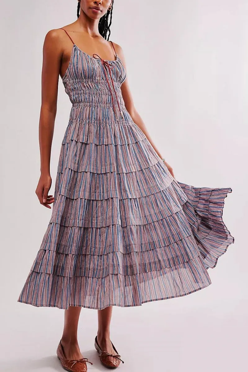 Chouyatou Women's Sexy Spaghetti Strap Striped Smocked Dress Back Cut Out Flowy Swing Tiered Midi Long Dress