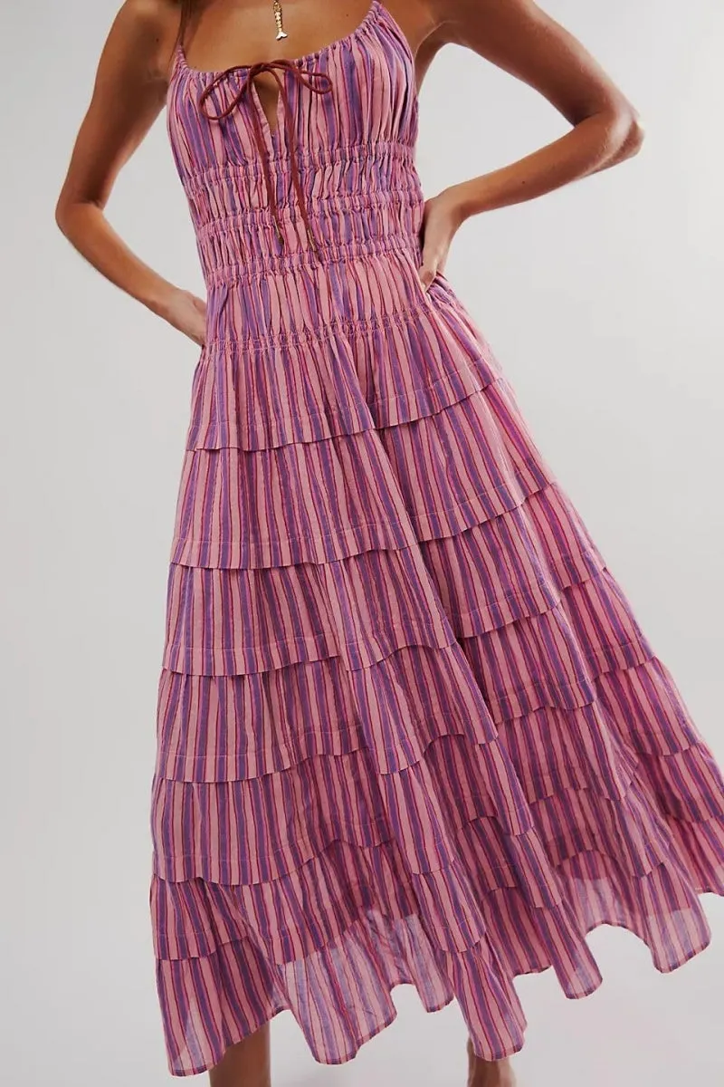 Chouyatou Women's Sexy Spaghetti Strap Striped Smocked Dress Back Cut Out Flowy Swing Tiered Midi Long Dress