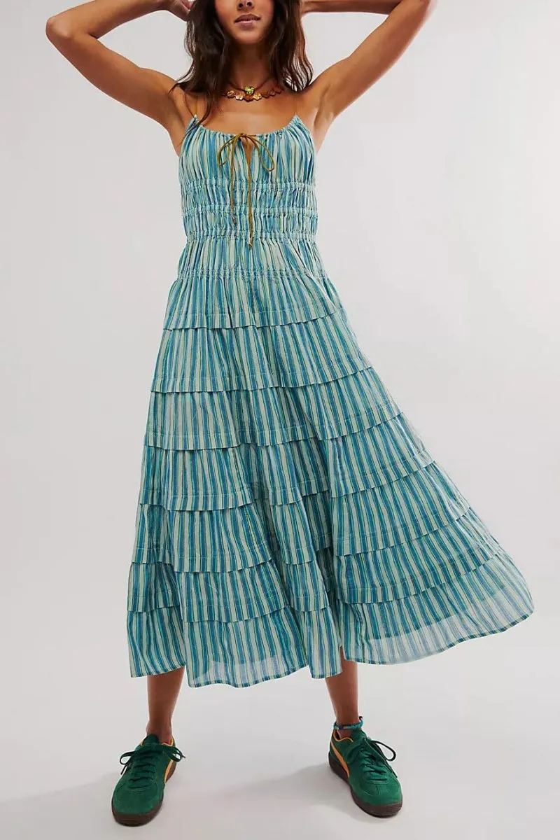 Chouyatou Women's Sexy Spaghetti Strap Striped Smocked Dress Back Cut Out Flowy Swing Tiered Midi Long Dress