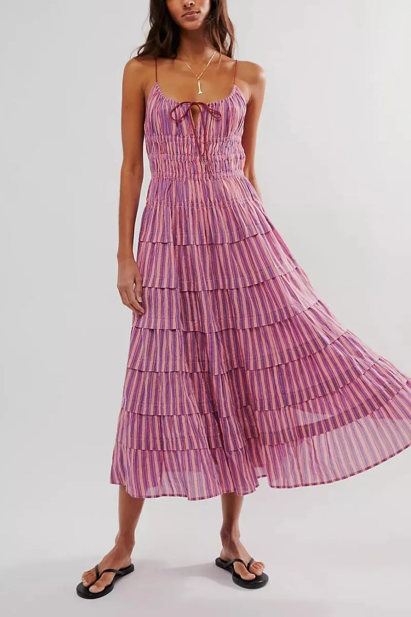 Chouyatou Women's Sexy Spaghetti Strap Striped Smocked Dress Back Cut Out Flowy Swing Tiered Midi Long Dress