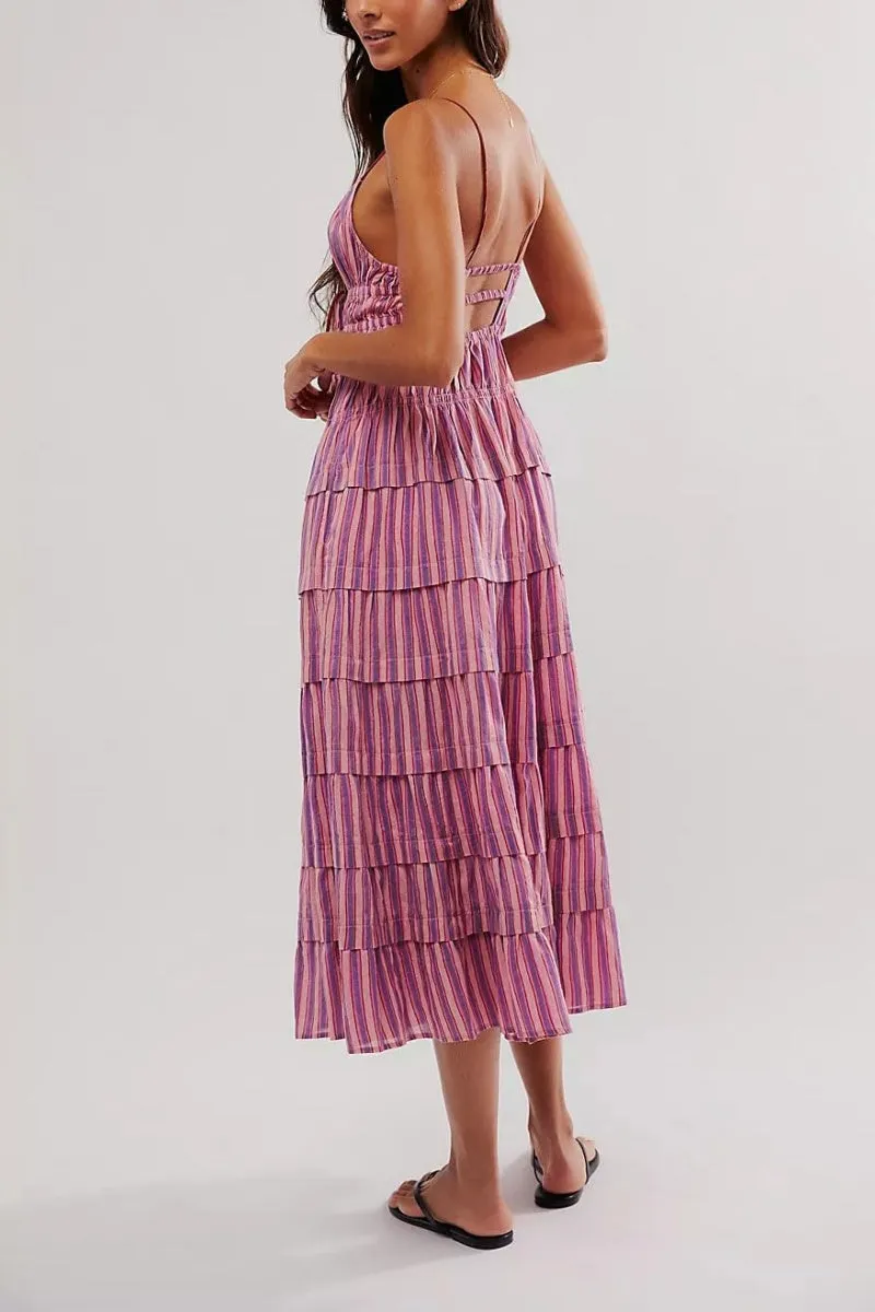 Chouyatou Women's Sexy Spaghetti Strap Striped Smocked Dress Back Cut Out Flowy Swing Tiered Midi Long Dress