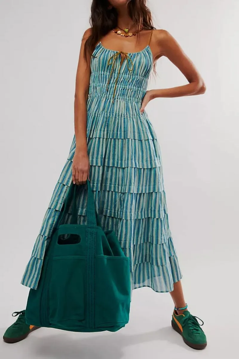 Chouyatou Women's Sexy Spaghetti Strap Striped Smocked Dress Back Cut Out Flowy Swing Tiered Midi Long Dress