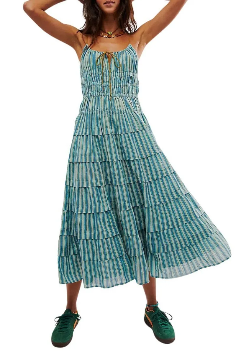 Chouyatou Women's Sexy Spaghetti Strap Striped Smocked Dress Back Cut Out Flowy Swing Tiered Midi Long Dress