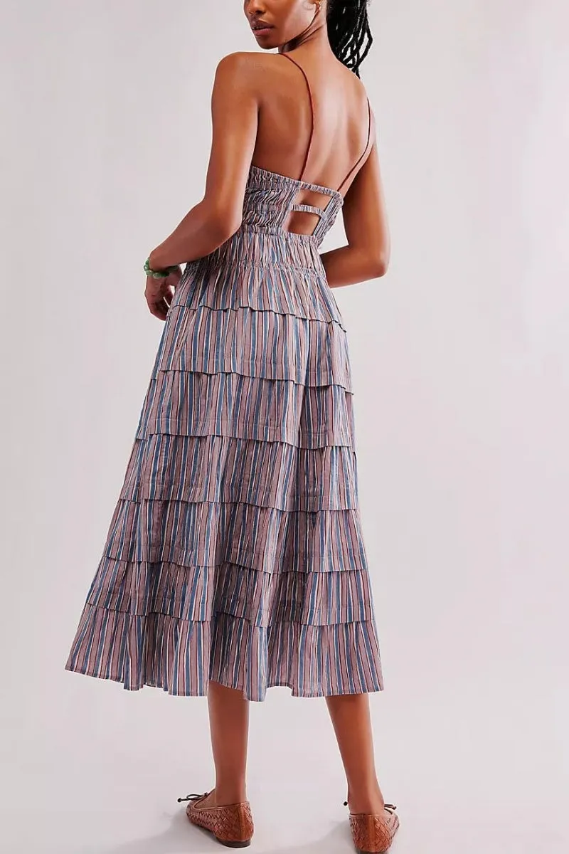 Chouyatou Women's Sexy Spaghetti Strap Striped Smocked Dress Back Cut Out Flowy Swing Tiered Midi Long Dress