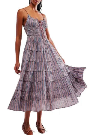 Chouyatou Women's Sexy Spaghetti Strap Striped Smocked Dress Back Cut Out Flowy Swing Tiered Midi Long Dress