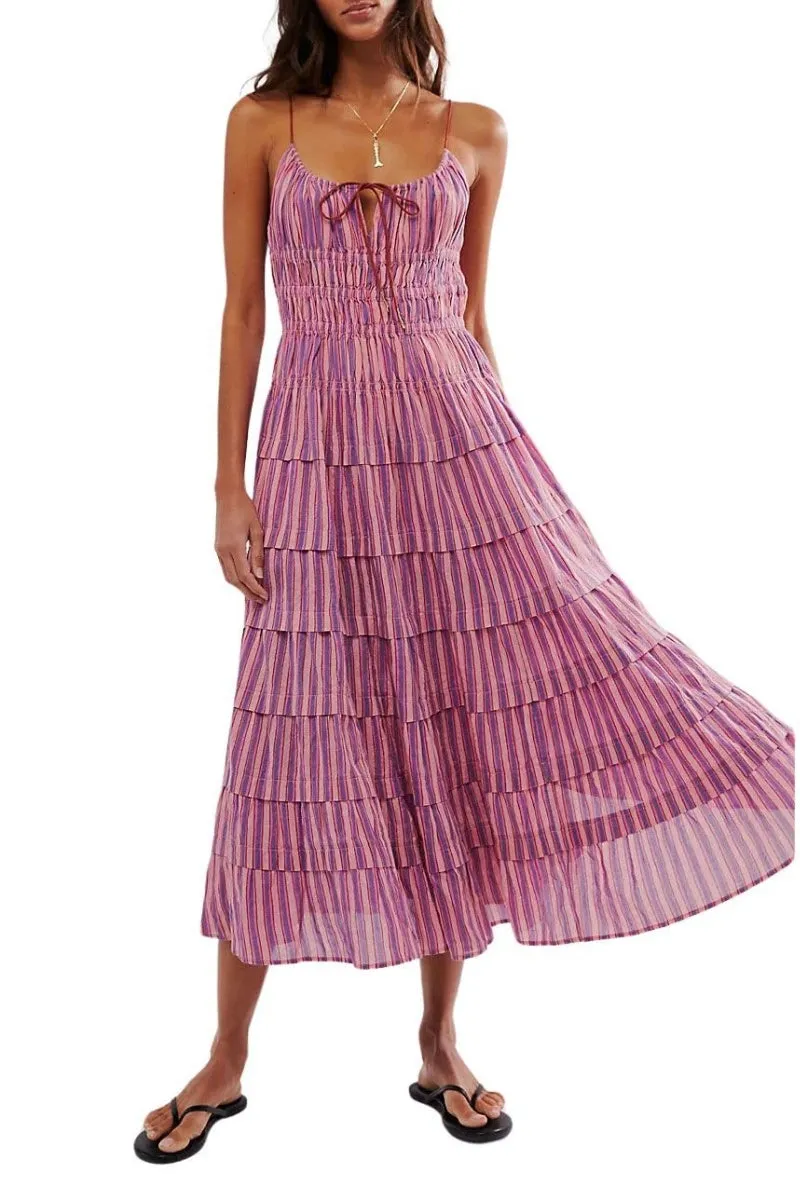 Chouyatou Women's Sexy Spaghetti Strap Striped Smocked Dress Back Cut Out Flowy Swing Tiered Midi Long Dress