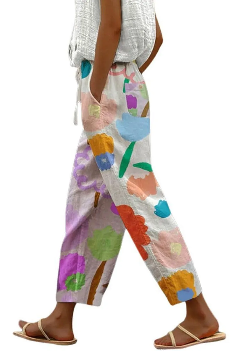 Chouyatou Women's Vintage Floral Print High Elastic Waist Wide Leg Capri Beach Palazzo Pants with Pockets