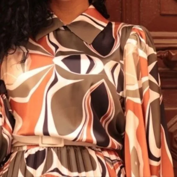 Classy Dark Olive & Orange Pleated Dress