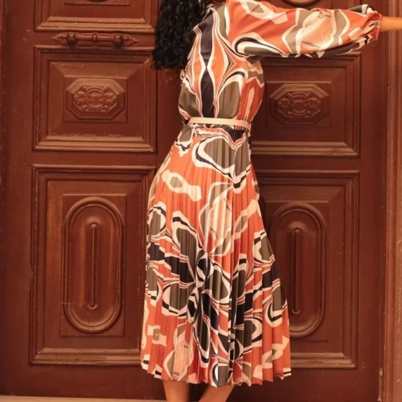 Classy Dark Olive & Orange Pleated Dress