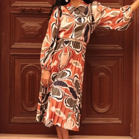Classy Dark Olive & Orange Pleated Dress