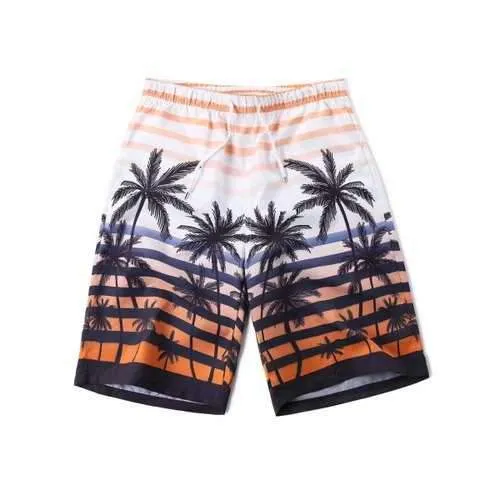 Coconut Tree Striped Beach Bermuda Shorts - Orange M