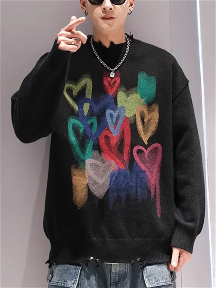 Colorful Heart Print Ripped Sweater for Couples