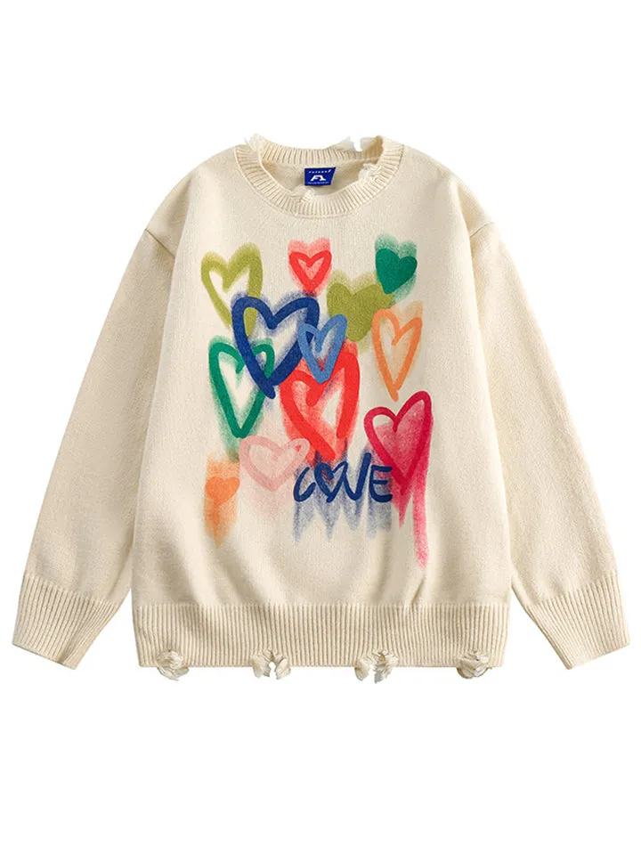 Colorful Heart Print Ripped Sweater for Couples