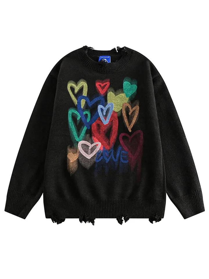 Colorful Heart Print Ripped Sweater for Couples