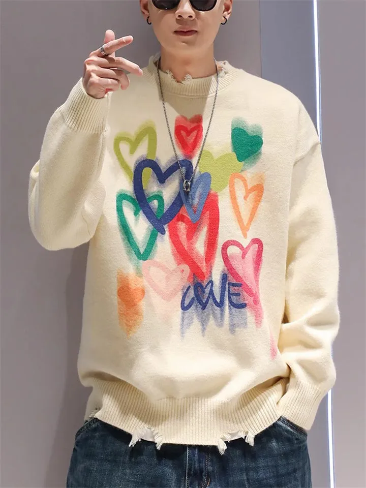 Colorful Heart Print Ripped Sweater for Couples