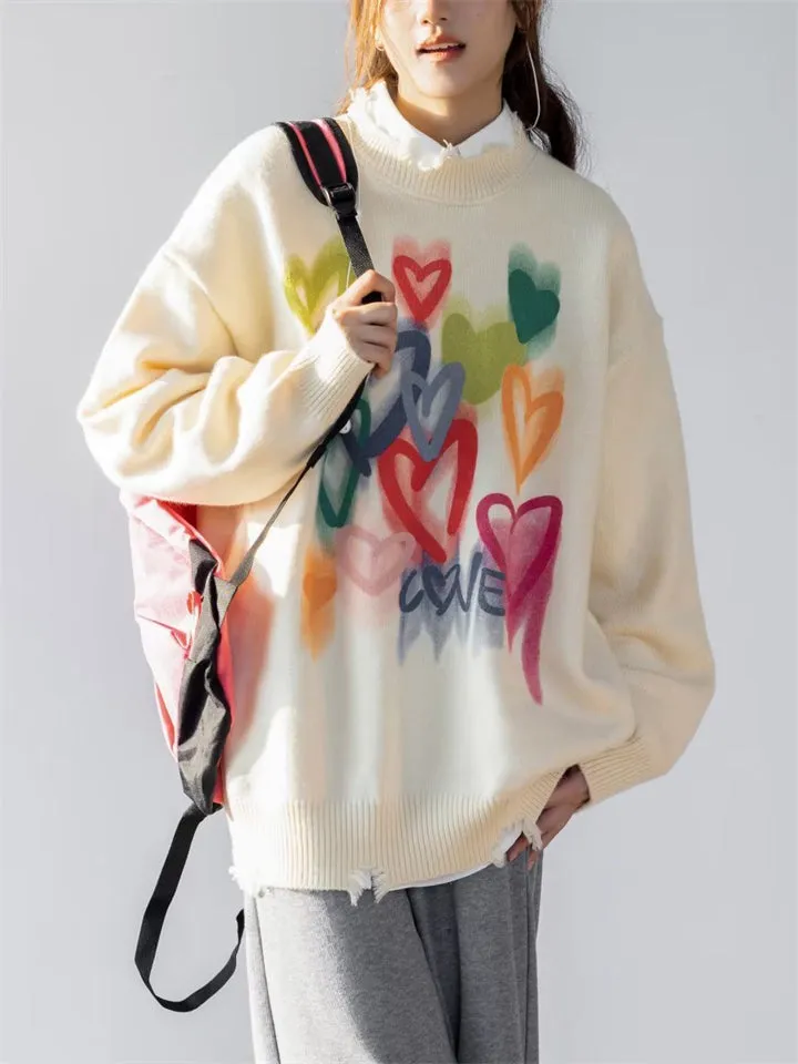 Colorful Heart Print Ripped Sweater for Couples