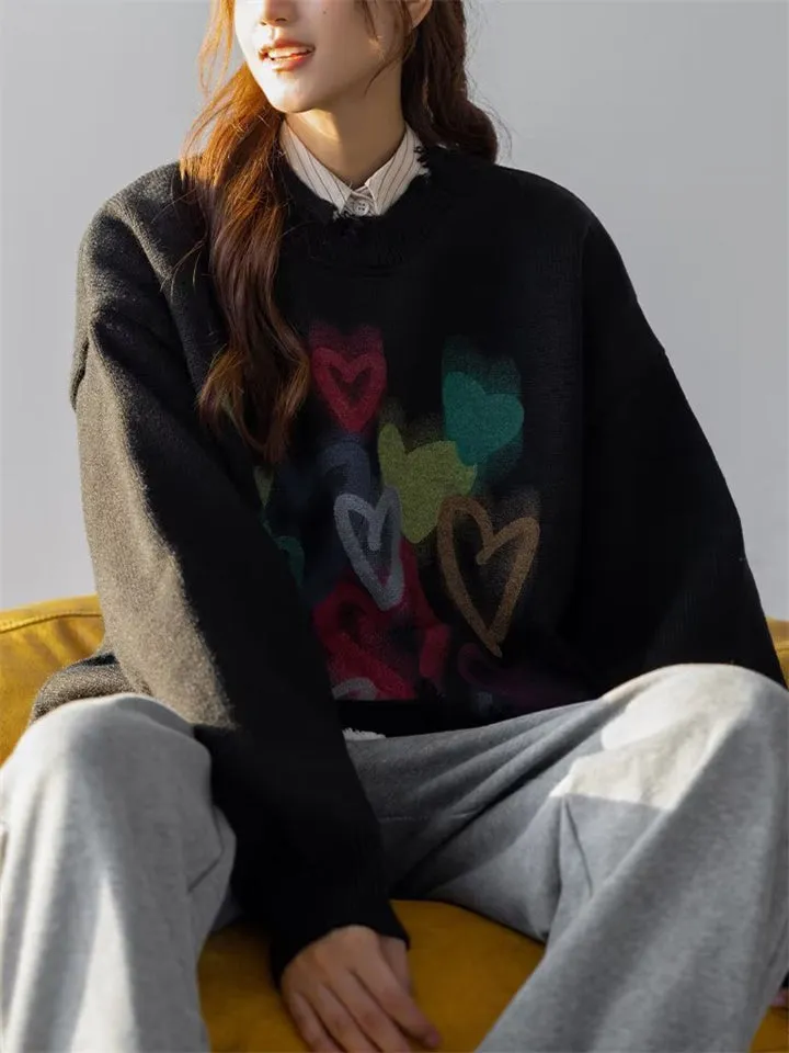 Colorful Heart Print Ripped Sweater for Couples