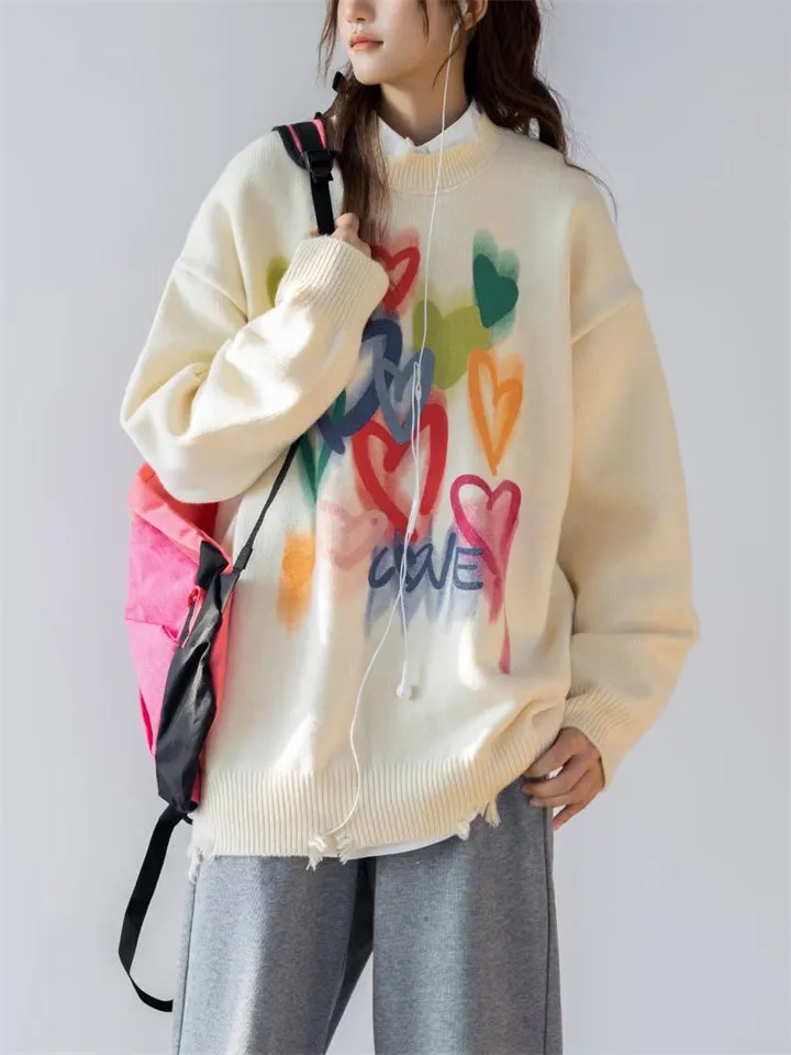 Colorful Heart Print Ripped Sweater for Couples