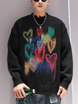 Colorful Heart Print Ripped Sweater for Couples