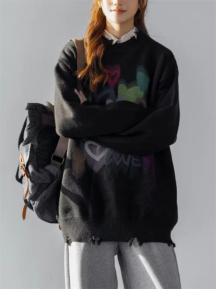 Colorful Heart Print Ripped Sweater for Couples