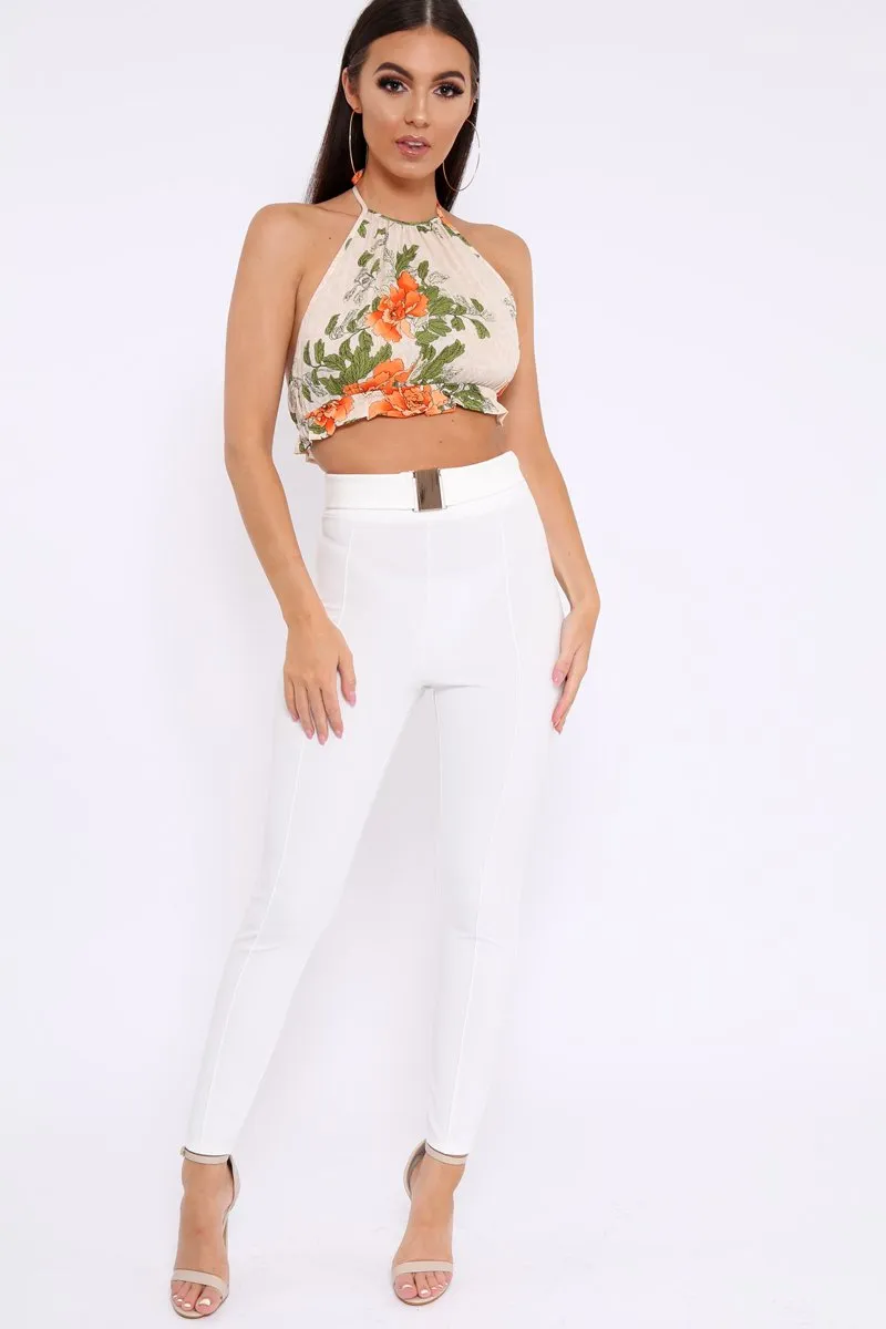 Cream Floral Halterneck Backless Crop Top - Aarin
