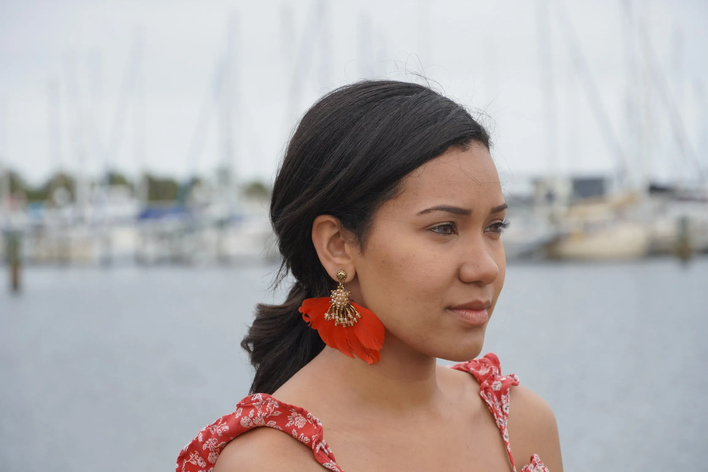 Crystal Dangle Floral Gold Beaded with Red Feather Earrings 240-2 | Erika Williner Designs