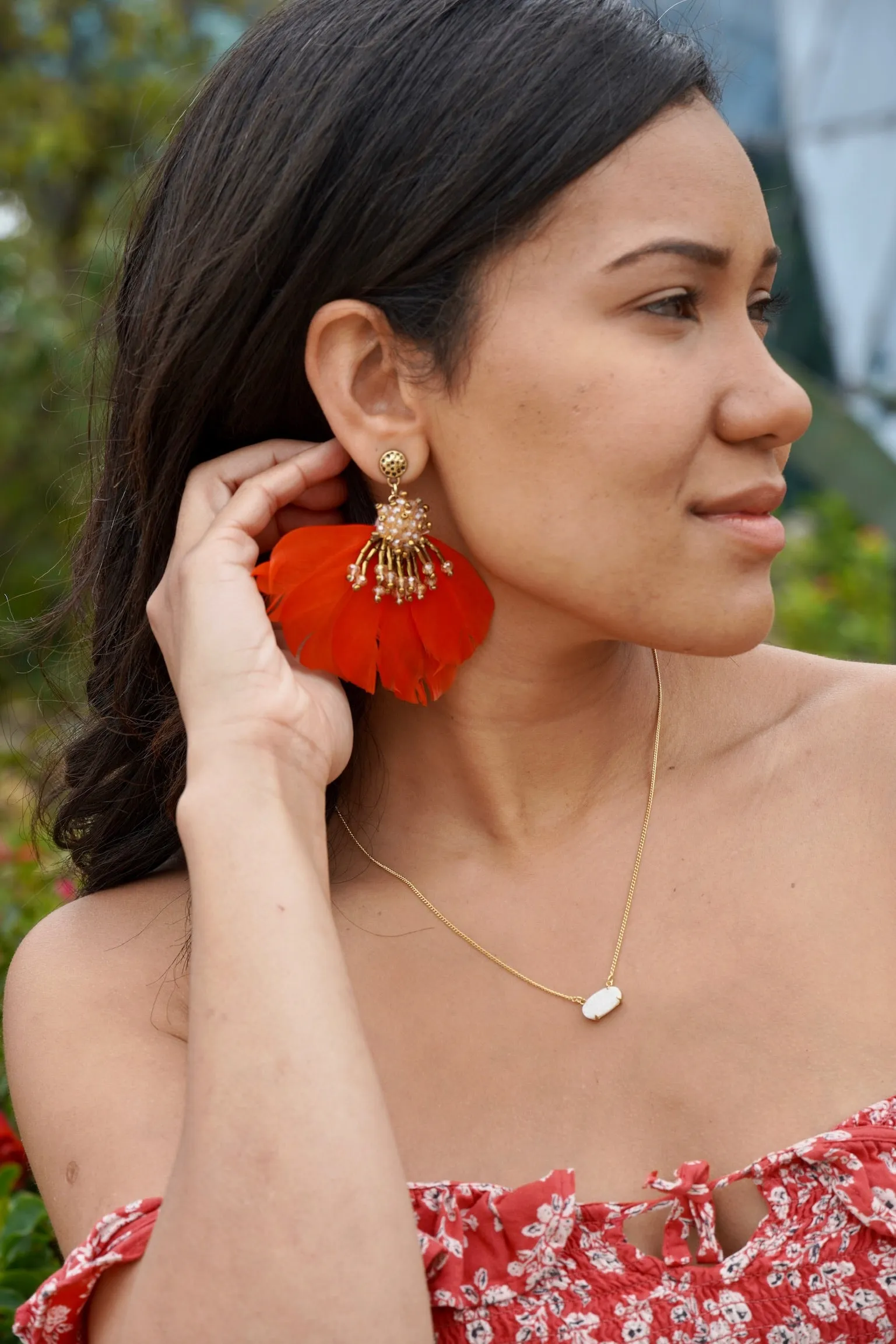 Crystal Dangle Floral Gold Beaded with Red Feather Earrings 240-2 | Erika Williner Designs