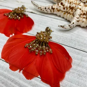 Crystal Dangle Floral Gold Beaded with Red Feather Earrings 240-2 | Erika Williner Designs