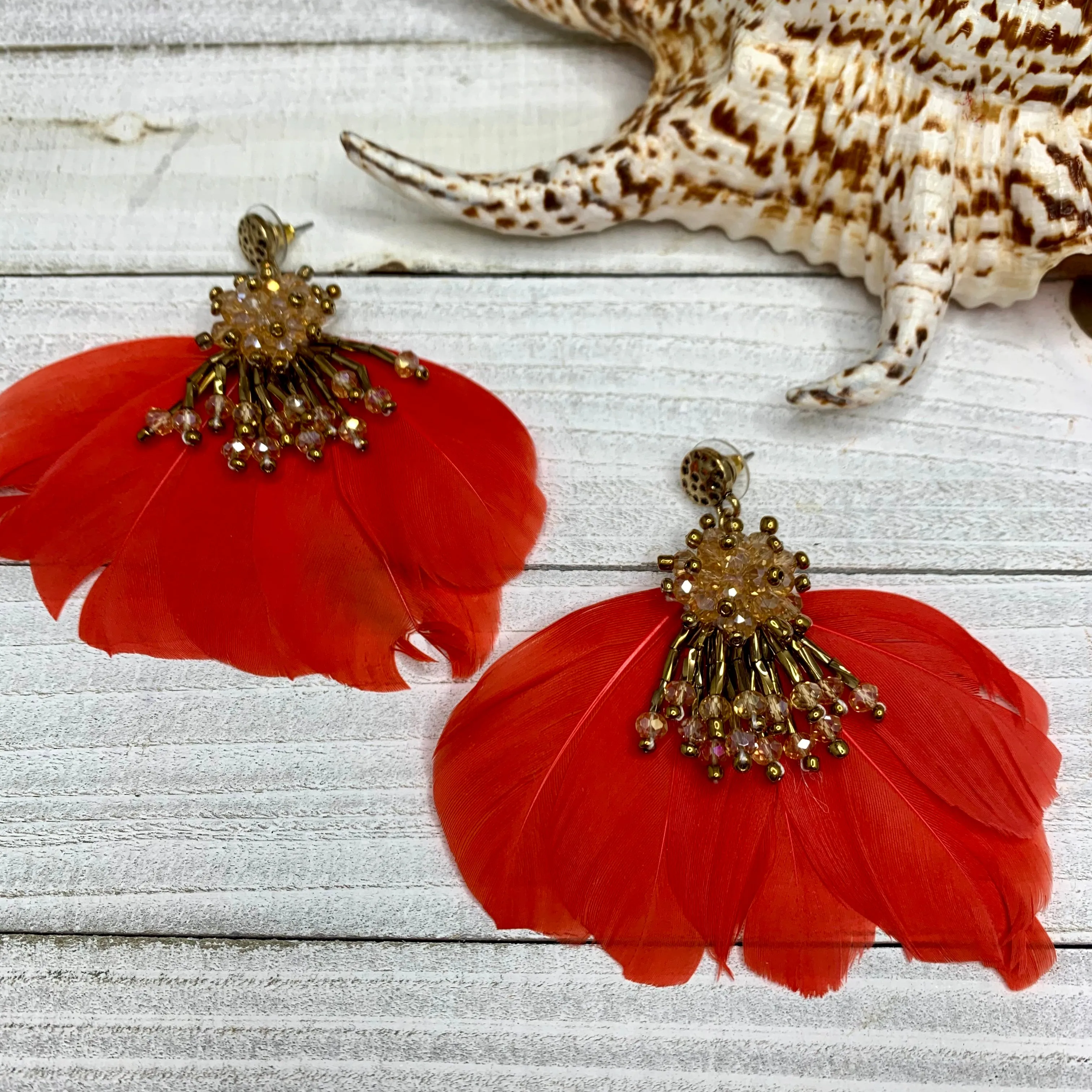 Crystal Dangle Floral Gold Beaded with Red Feather Earrings 240-2 | Erika Williner Designs