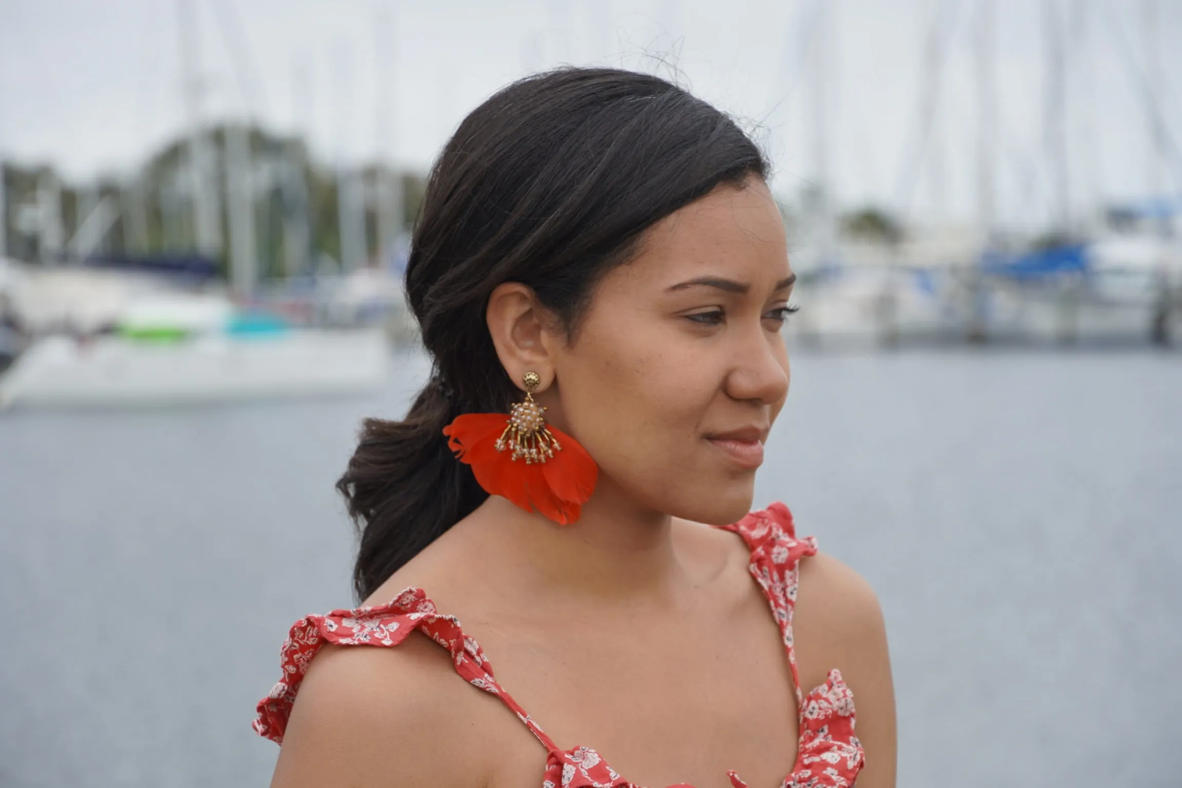 Crystal Dangle Floral Gold Beaded with Red Feather Earrings 240-2 | Erika Williner Designs