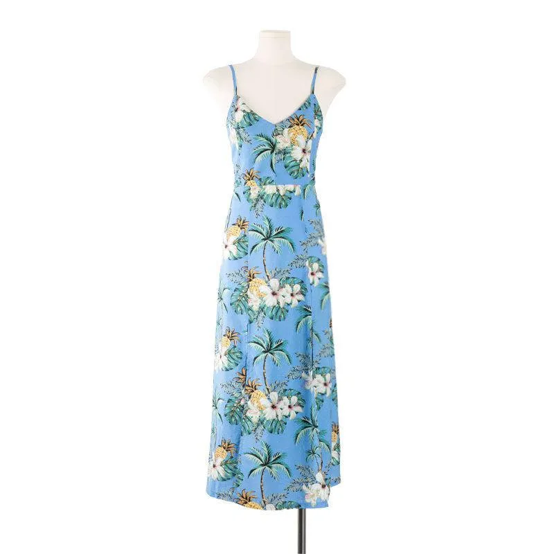Family Matching Beach Dress and Shirt Set - Light Blue Floral Hawaiian Print