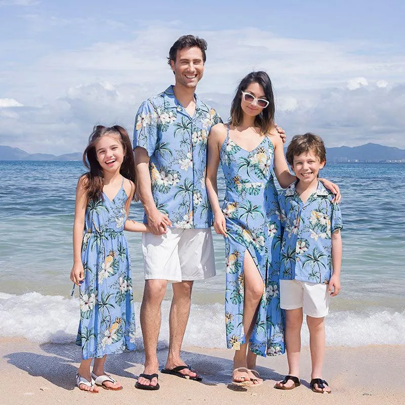 Family Matching Beach Dress and Shirt Set - Light Blue Floral Hawaiian Print