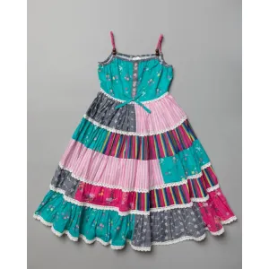 Girls COTTON Patterned Spaghetti Strap Dress (3-11 Years) T20357GREEN