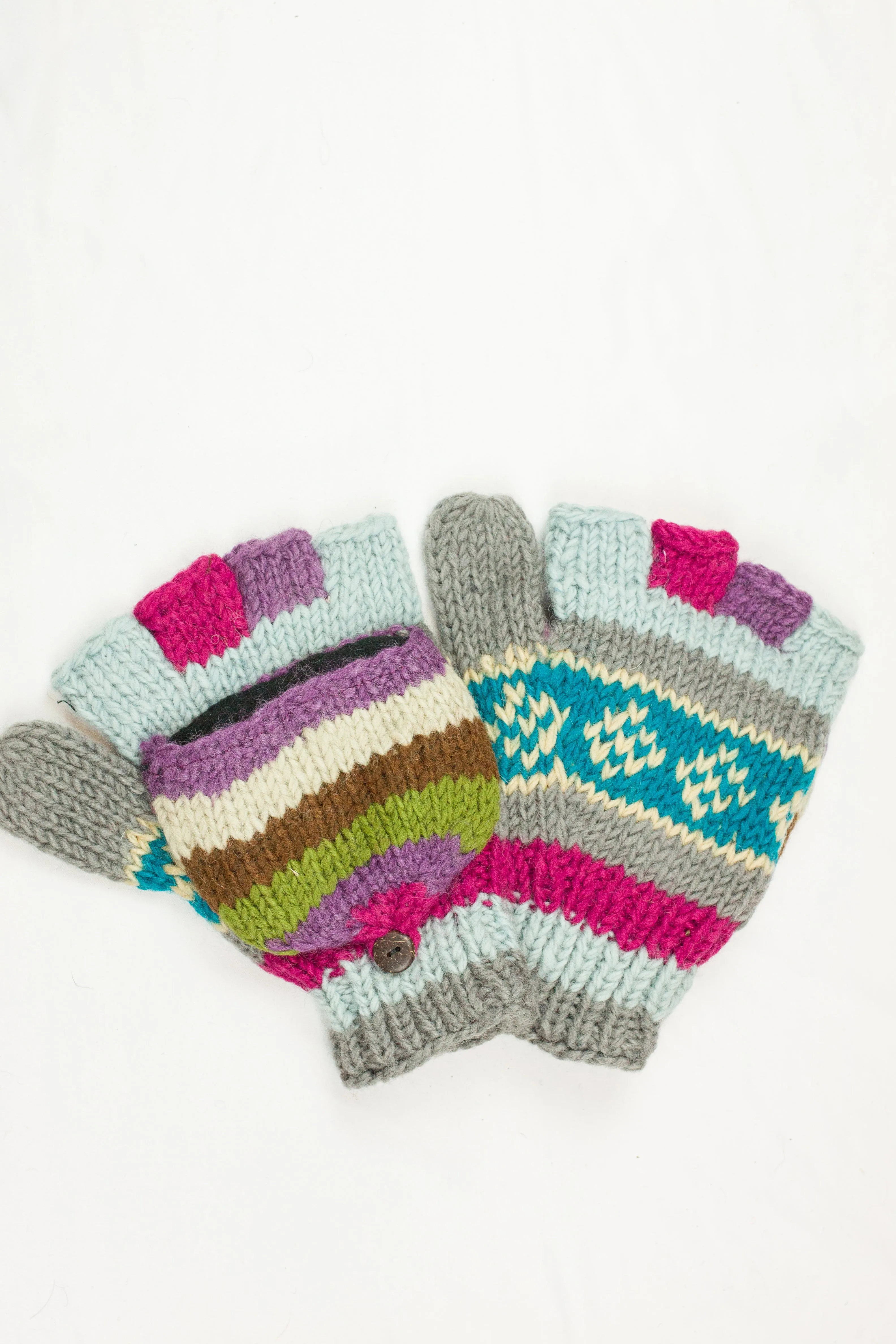 Hand knitted convertible woolen gloves with soft inner fleece liner - unisex